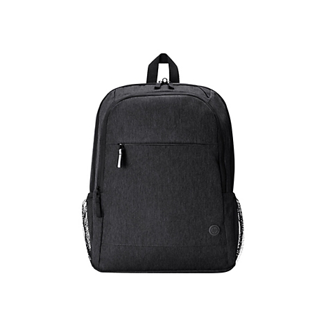 Schwarzer Rucksack vor weißem Hintergrund. Fronttasche mit Reißverschluss und weißem Zipper. Mesh-Seitentaschen.