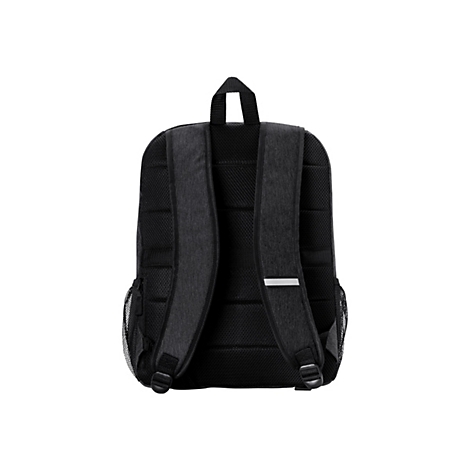Schwarzer Rucksack, Rückansicht, mit Tragegurten und reflektierenden Streifen.