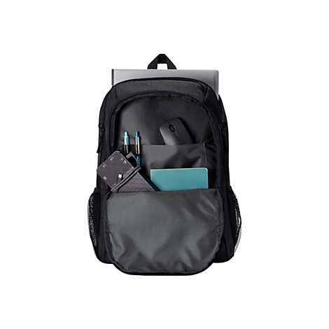 Schwarzer Rucksack mit Notebook, Maus, Stiften, Notizbuch und Zubehör.