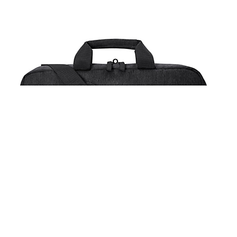 Detailaufnahme einer schwarzen, strukturierten Laptop-Tasche mit Griffen und Reißverschluss.