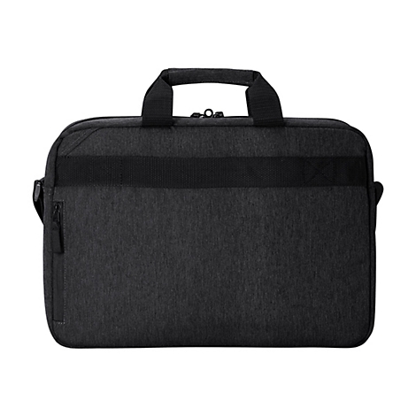 Schwarze Laptoptasche, vorne mit Reißverschluss, Griff oben.