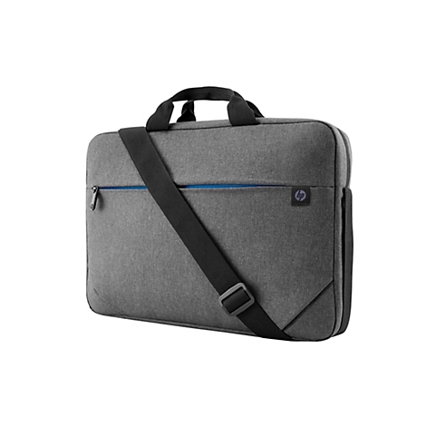 Graue Laptoptasche mit Tragegriff und Schultergurt. Blaue Reißverschlussdetails und HP Logo.