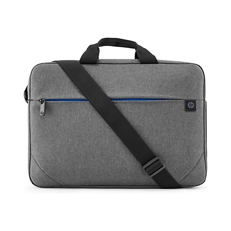Graue Laptoptasche mit schwarzem Trageriemen. Blaue Reißverschlussnaht. HP Logo.