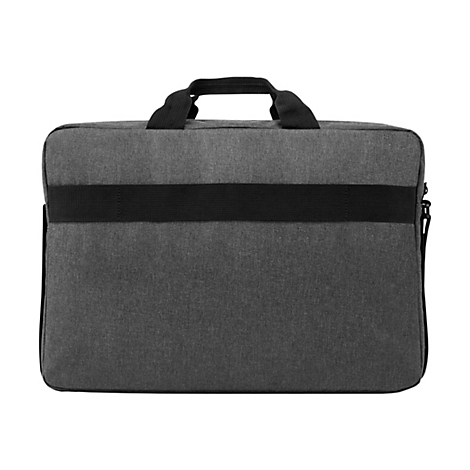 Graue Laptoptasche mit Henkel und schwarzem Gurt. Auf weißem Hintergrund.