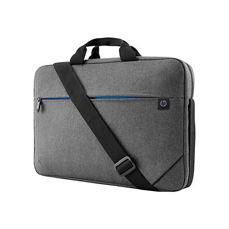 Graue Laptoptasche mit schwarzem Trageriemen. Blaue Reißverschlussnaht. HP Logo.