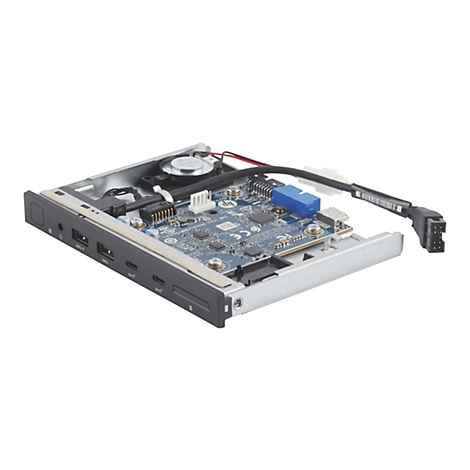 Ein schmales HP I/O-Modul aus Metall mit USB- und Audioanschlüssen sowie einem internen Lautsprecher auf weißem Grund.