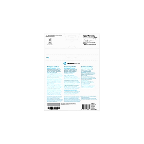 Rückseite einer HP Premium Plus Fotopapier-Verpackung mit Produktinformationen in verschiedenen Sprachen.