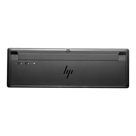 Rückseite einer schwarzen HP Tastatur mit Statusleuchten vor weißem Hintergrund.
