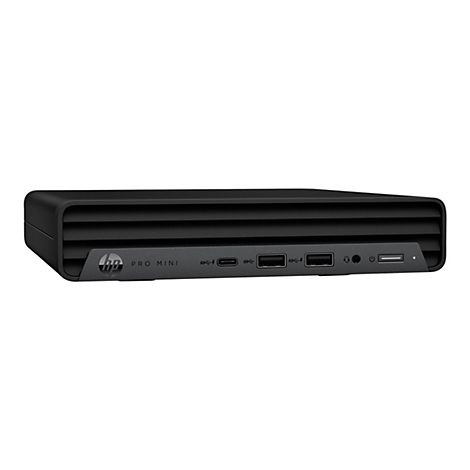 Schwarzer HP Pro Mini-Desktop-PC mit AnschlÃ¼ssen, Logo und Namen. Auf weiÃŸem Hintergrund.