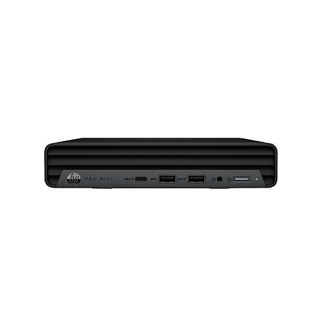 Schwarzer HP Pro Mini-Computer. Auf der Vorderseite befinden sich Anschlüsse und das HP Logo.