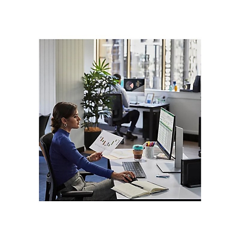 Eine Frau sitzt an einem Schreibtisch, betrachtet Diagramme und bedient einen Computer. Im Hintergrund arbeitet ein Kollege.