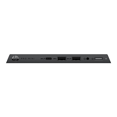 Nahaufnahme der Vorderseite eines schwarzen HP Pro Mini-Computers. Anschlüsse und Logo sind sichtbar.