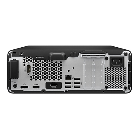 Rückseite eines schwarzen Computers: HDMI, USB, Netzwerkanschlüsse und Stromanschluss.