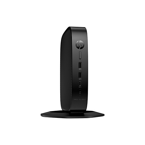 Schwarzer HP Pro Client Computer. Er steht auf einem schwarzen Sockel. Auf dem Gerät sind USB-Anschlüsse und das HP Logo zu sehen.