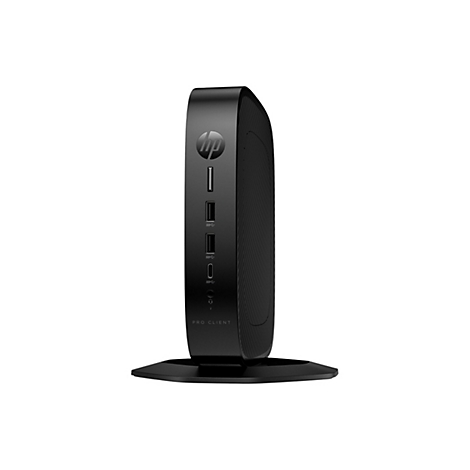 Schwarzer HP Pro Client Mini-PC mit HP Logo und Anschlüssen vor weißem Hintergrund.