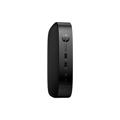 Schwarzer HP Pro Client Mini-PC. Auf der Front befinden sich Anschlüsse und das HP-Logo.