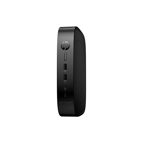 Schwarzer HP Pro Client Mini-PC mit Anschlüssen. Oben HP-Logo, darunter Anschlüsse für USB und Kopfhörer. Aufschrift: Pro Client.