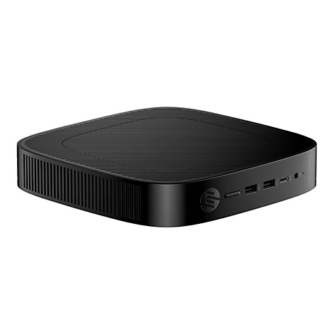 Schwarzer HP Pro Client Mini-PC. Rechteckige Form, geriffelte Oberflächen. Sichtbar: HP Logo und Anschlüsse.
