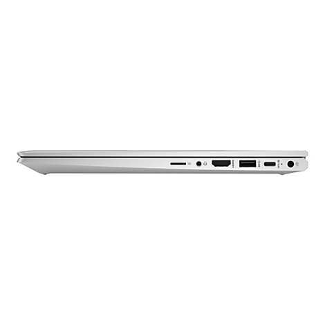Seitenansicht eines silbernen Laptops mit AnschlÃ¼ssen fÃ¼r SD-Karte, KopfhÃ¶rer, HDMI und USB.