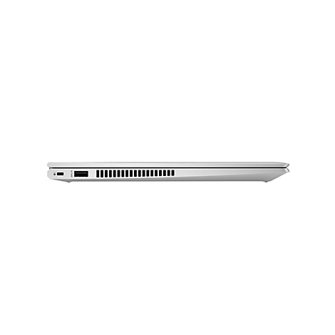 Seitenansicht eines silbernen Laptops. Ports für USB, Ladeanschluss und Belüftungsschlitze.