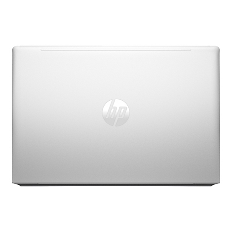 Obenansicht eines silbernen Laptops mit HP-Logo.