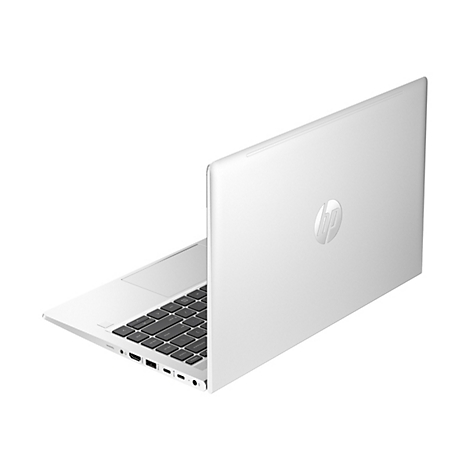 Weißes Notebook, leicht geöffnet, mit HP-Logo. Die Tastatur ist schwarz, das Gehäuse silberfarben.