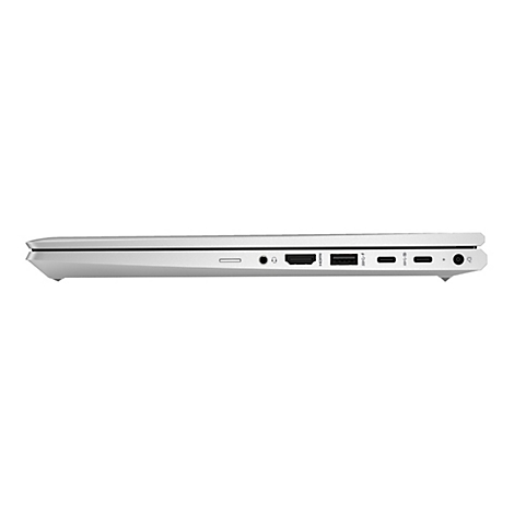 Seitenansicht eines silbernen Laptops mit verschiedenen Anschlüssen: USB-C, USB, HDMI, Kopfhöreranschluss, Stromanschluss.
