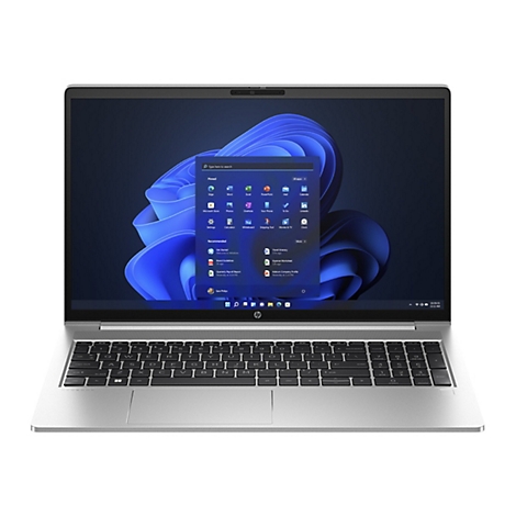 Silberner Laptop, Ansicht von vorne. Bildschirm mit Windows-OberflÃ¤che. Tastatur im Vordergrund, darÃ¼ber Kamera.