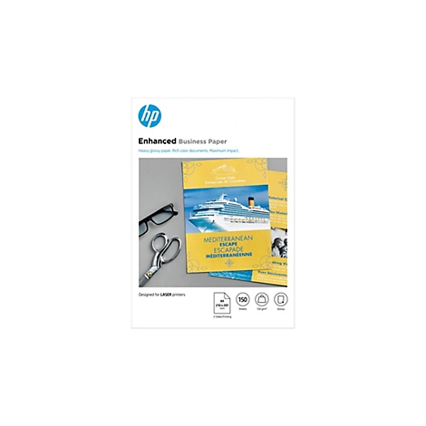HP Enhanced Business Paper DIN A4, glänzend, 150g/m2, 150 Blatt, mit Kreuzfahrtschiff-Broschüre auf grauem Tisch.