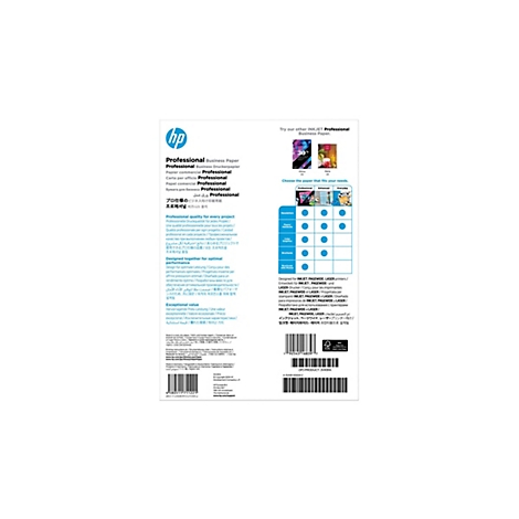 Rückseite einer HP Professional Business Paper Papierverpackung mit Produktinformationen, Grafiken und Zertifizierungen.