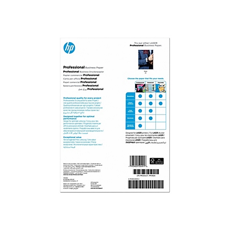 Rückseite einer HP Professional Business Papierverpackung mit Produktinformationen und Anwendungstabelle.