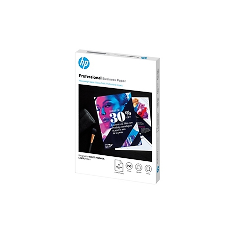 Packung HP Professional Business Papier im A4 Format mit glänzender Oberfläche für Tintenstrahl- und Laserdrucker.
