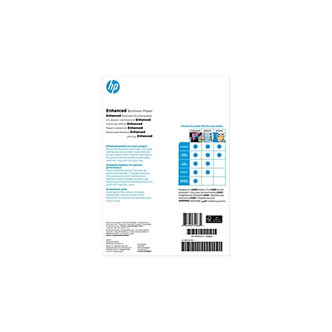 Rückseite einer HP Enhanced Business Papierverpackung mit Produktinformationen und Auswahlhilfe.