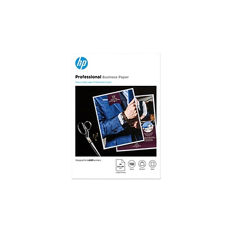 HP Professional Business Paper A4, 200g/m² matt, für Laserdrucker, mit Druckbeispielen einer Schneiderei.