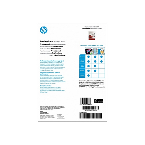 Die Rückseite einer HP Professional Business Papierverpackung mit Produktinformationen und Anwendungstabelle.