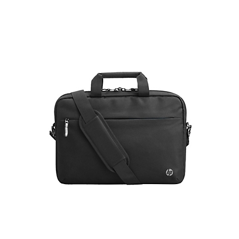 Schwarze HP Laptoptasche mit Schulterriemen, Tragegriff und Reißverschluss.