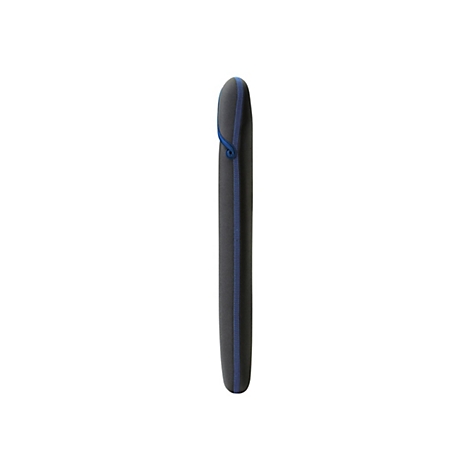 Graue Tablet-Hülle mit blauen Nähten und Griff, freigestellt.