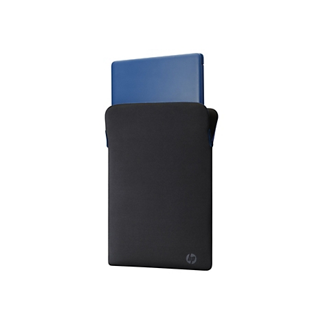 Eine schwarze Laptoptasche mit einem blauen Laptop, der teilweise herausragt.