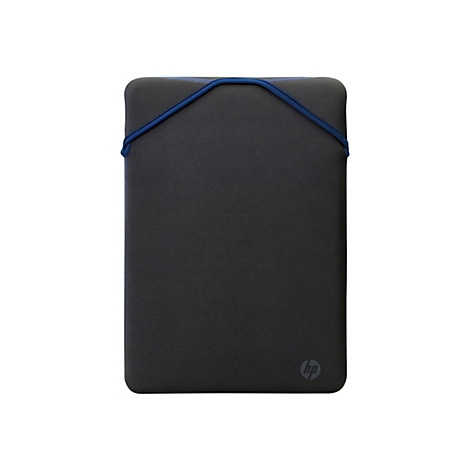 Schwarze HP Laptoptasche mit blauem Akzent, HP-Logo unten rechts.