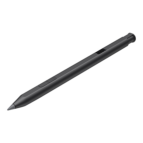 Ein schwarzer Eingabestift, auf weißem Hintergrund abgebildet. Mit Knöpfen und USB-C-Anschluss.