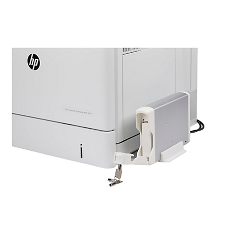 Nahaufnahme eines weißen HP Color Laser Jet Enterprise MFP M577 Druckers mit angeschlossenem Zusatzmodul und Schlüssel.