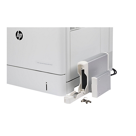 Nahaufnahme eines weißen Druckers, Teile herausgenommen. Links das HP-Logo, daneben der Schriftzug „Color LaserJet Enterprise MFP M577“. Darunter eine graue Schublade mit Schlüsseln.