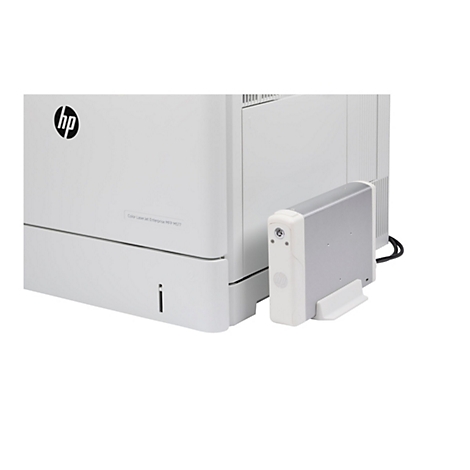 Nahaufnahme eines weißen HP-Druckers mit angeschlossener Festplatte. Auf dem Drucker ist das HP-Logo zu sehen, sowie der Schriftzug 'Color LaserJet Enterprise MFP M577'.