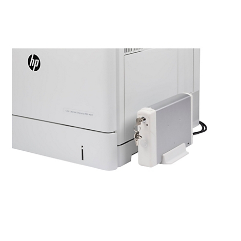 Nahaufnahme eines weißen HP-Druckers mit einem Schloss mit Schlüsseln. Der Drucker ist ein Color LaserJet Enterprise MFP M577.