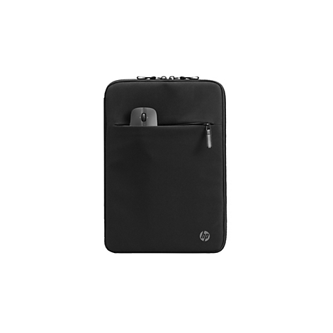 Schwarze Laptoptasche mit grauem Maus in der Fronttasche. Reißverschluss, HP-Logo.