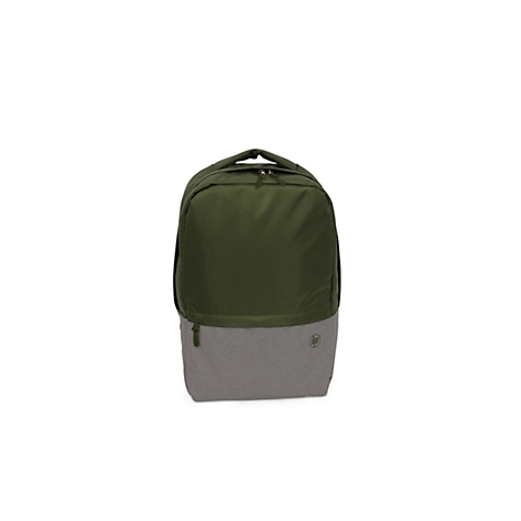 Ein grüner und grauer Rucksack vor weißem Hintergrund. Der obere Teil ist olivgrün und der untere Teil grau. Auf der unteren rechten Seite befindet sich ein Logo.