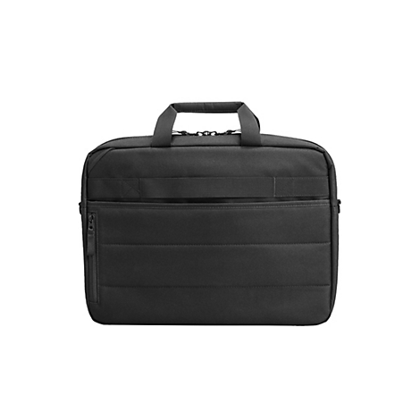 Schwarze Laptoptasche, rechteckig, mit Tragegriff, Reißverschlüssen und einem quer verlaufenden Gurt.