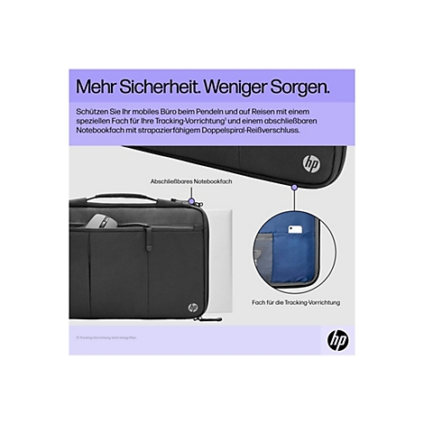 Schwarze Laptop-Tasche von HP. Die Tasche hat ein abschließbares Notebookfach und ein Fach für die Tracking-Vorrichtung. Auf dem Gehäuse ist das HP Logo zu sehen.