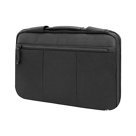 Schwarze Laptoptasche mit Reißverschluss, Griff und diagonal gemusterten Oberteil. Der Reißverschluss verläuft waagerecht.