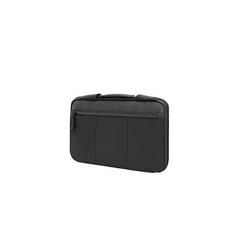 Schwarze Laptoptasche vor weißem Hintergrund. Mit Reißverschluss, Griff und drei senkrechten Ziernähten.